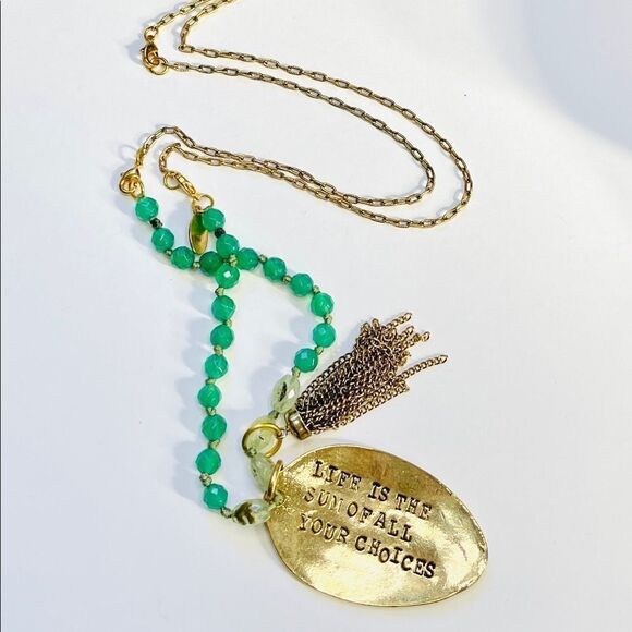 Convertible green onyx and prehnite hand stamped necklace. - Picture 4 of 7